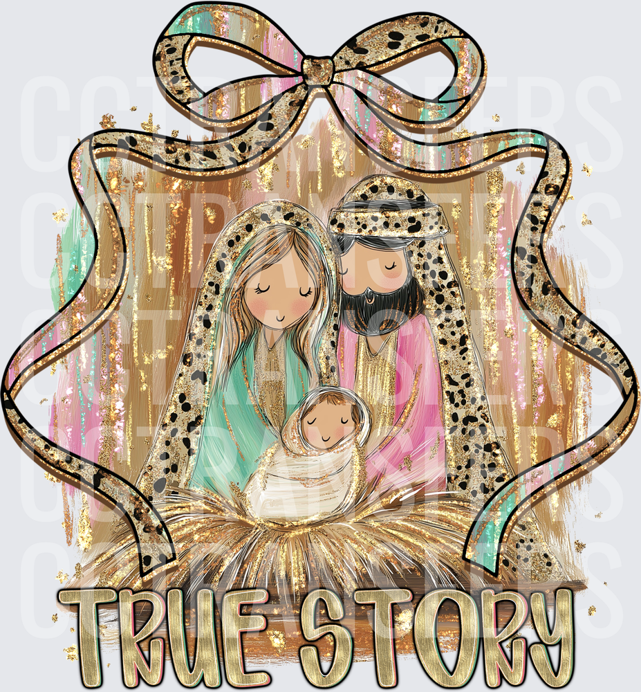 True Story Nativity Holy Family Leopard Bow Gold (DTF)
