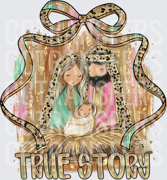 True Story Nativity Holy Family Leopard Bow Gold (DTF)
