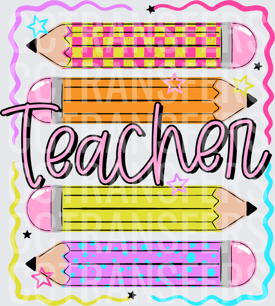 Colorful Stacked Pencils Teacher Script Word (DTF)