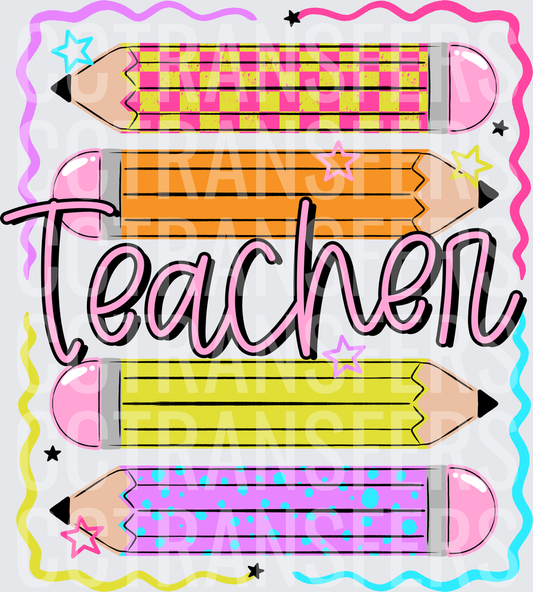 Colorful Stacked Pencils Teacher Script Word (DTF)