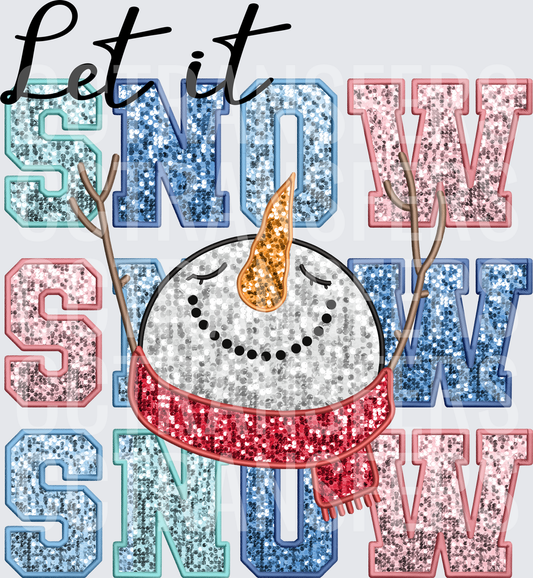 Let It Snow Glitter Sequin Snowman Face Winter (DTF)