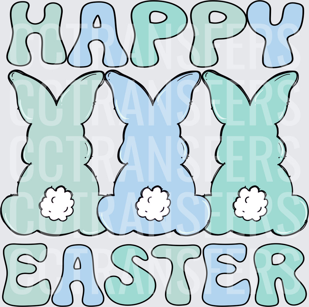Happy Easter Three Bunny Backs Fluffy Tails Pastel (DTF)