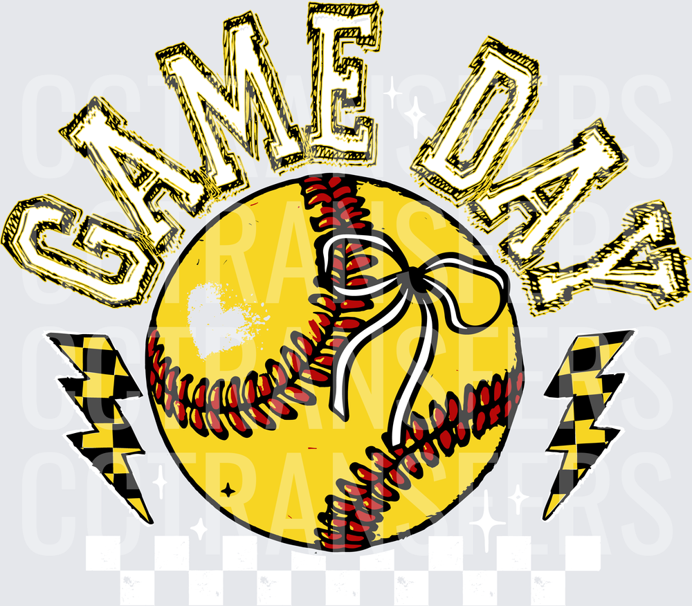 Game Day Softball With Bow & Checkered Lightning Bolts (DTF)