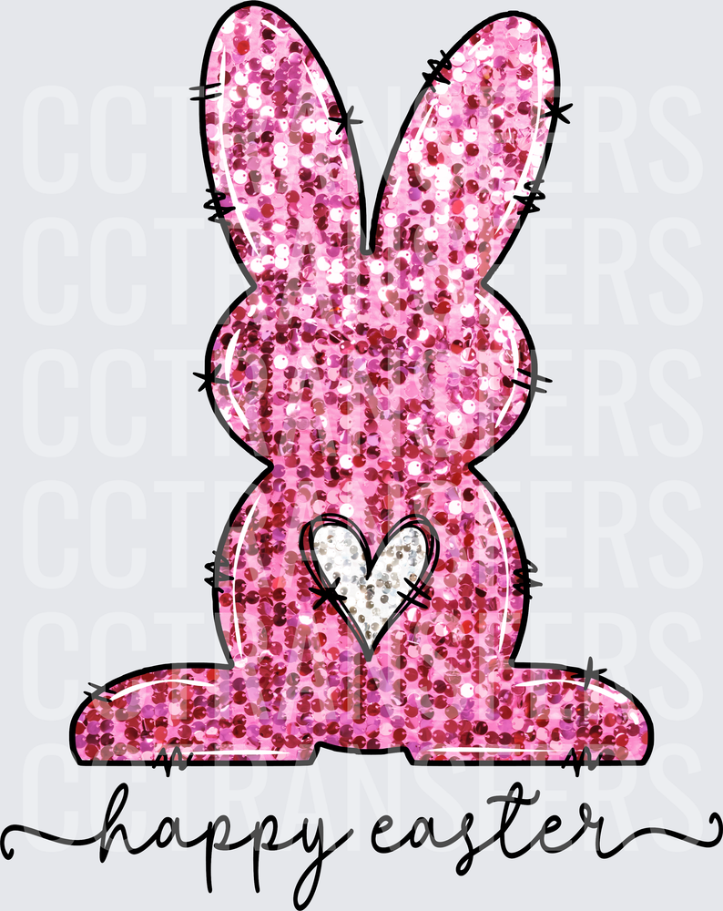 Pink Glitter Bunny with Silver Heart Happy Easter (DTF)