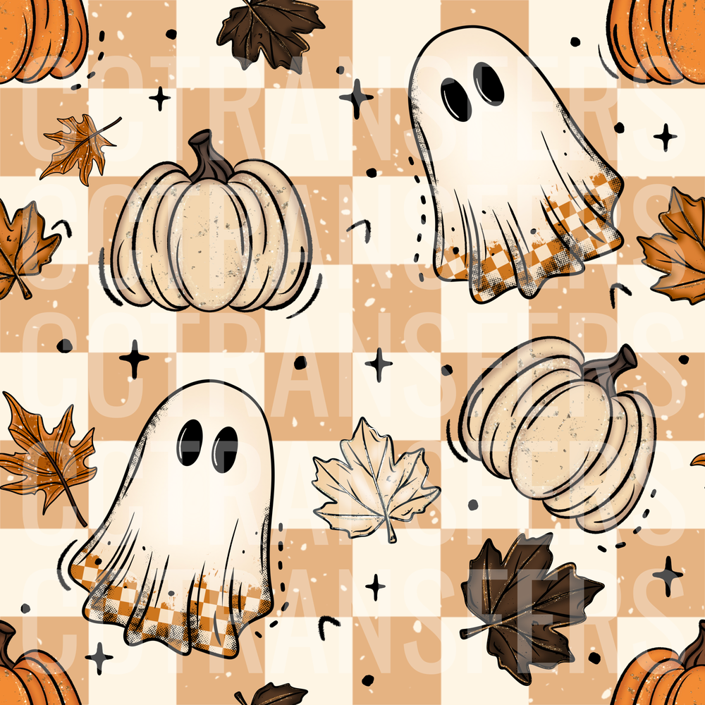 Boho Halloween Ghosts Pumpkins Autumn Leaves Checker (DTF)