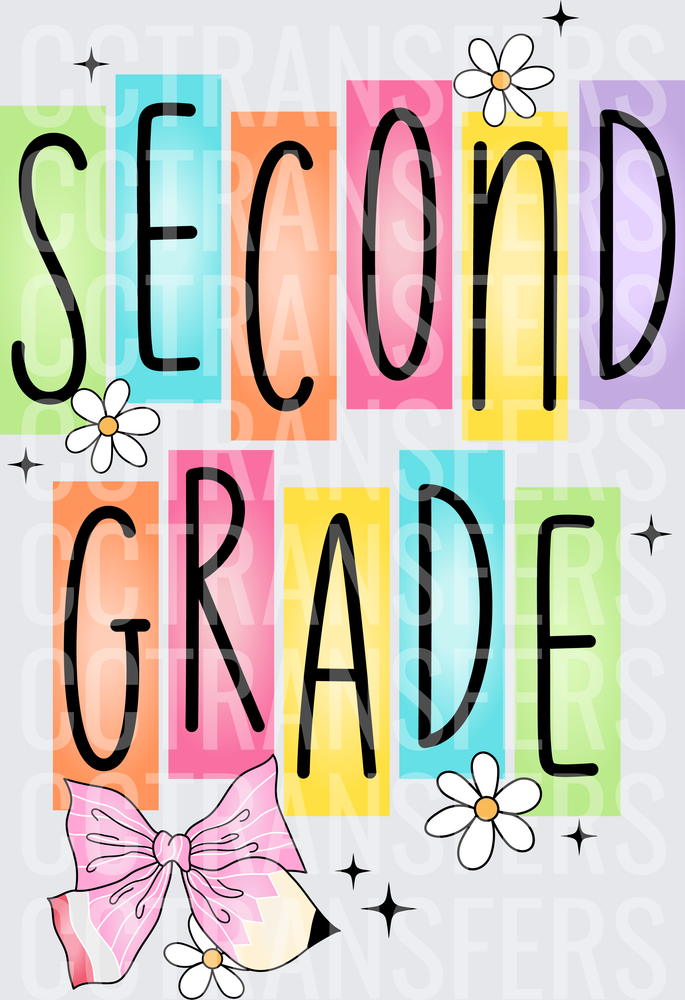 Second Grade Colorful Block Letters Daisies Pink Bow (DTF)