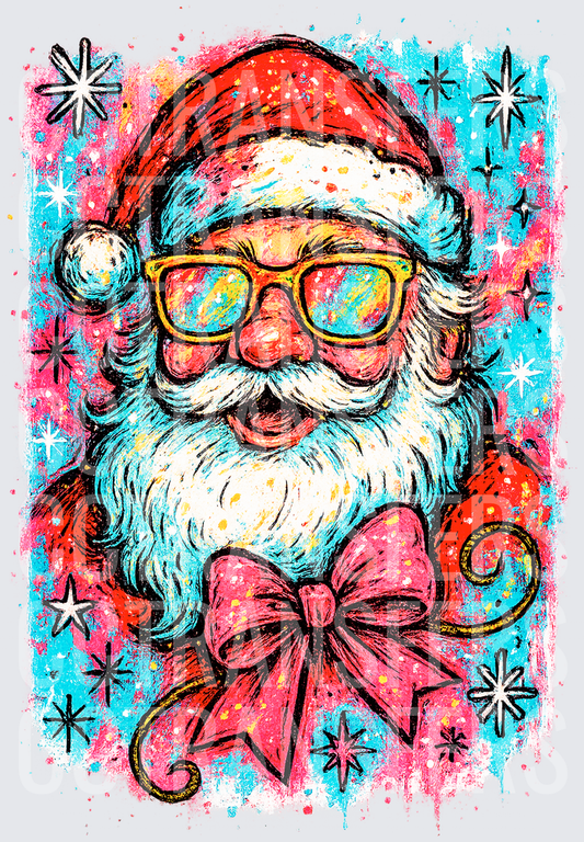 Retro Cool Santa Claus Yellow Sunglasses Pink Bow (DTF)