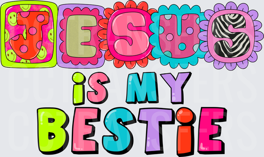 Jesus Is My Bestie Colorful Retro Groovy Letter Design (DTF)