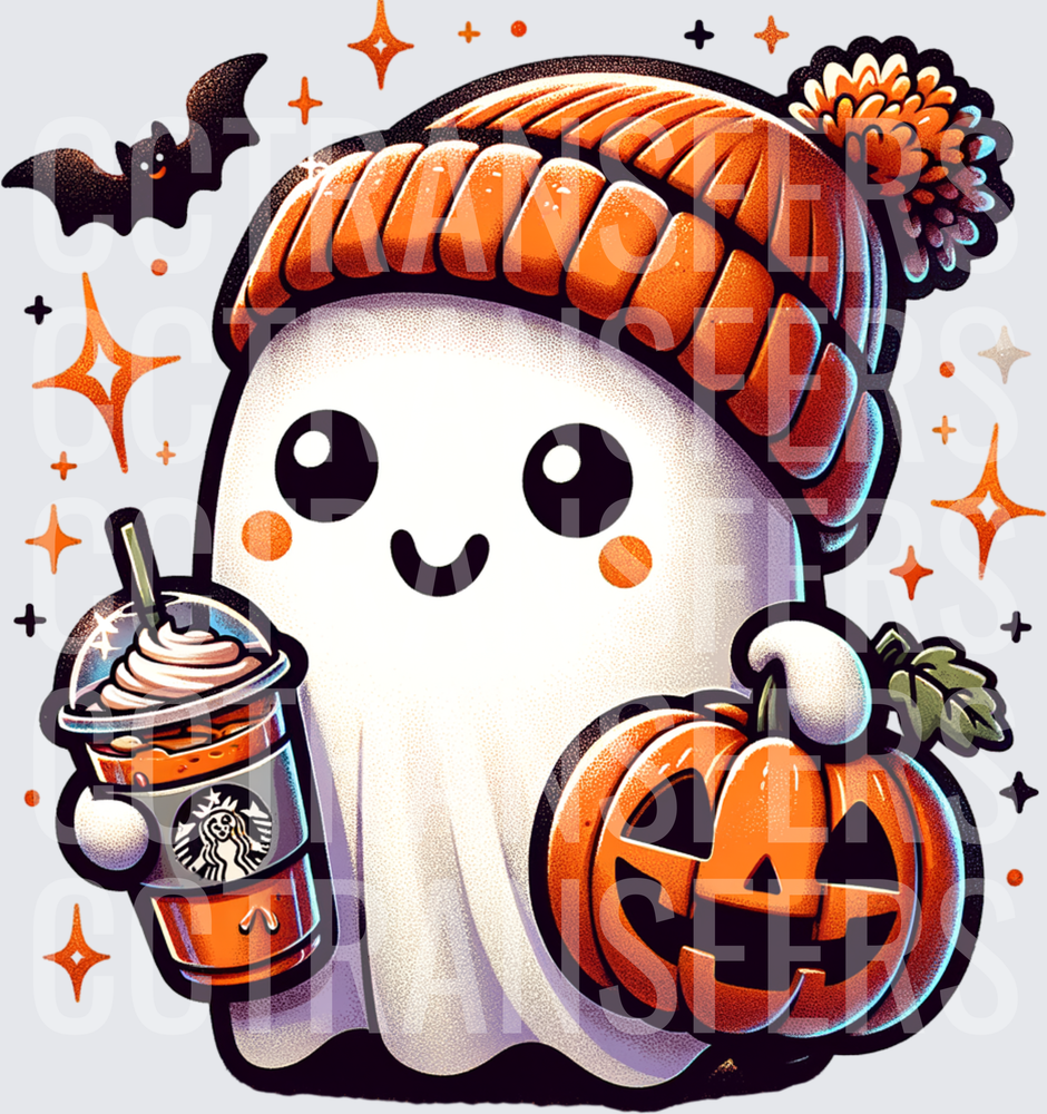 Cute Ghost Orange Beanie Pumpkin Spice Latte Halloween (DTF)