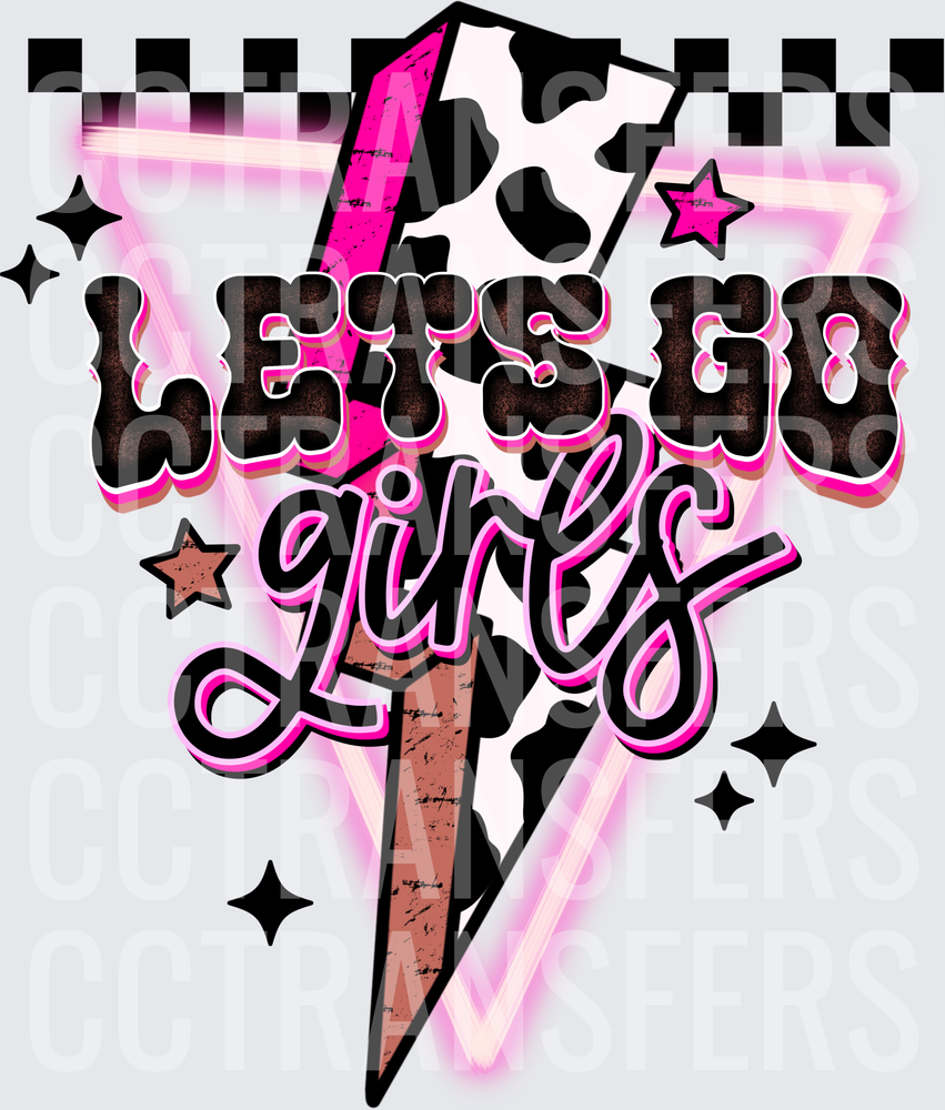 Let's Go Girls Cow Print Lightning Bolt Checkered (DTF)