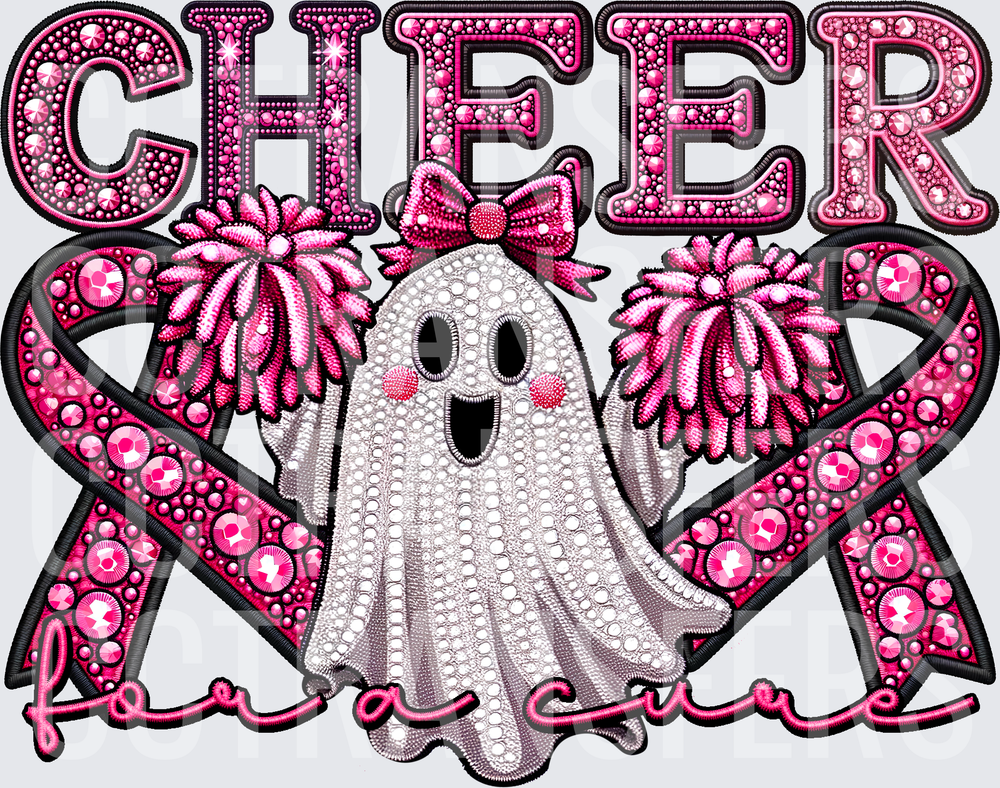 Cheer For A Cure Ghost Pink Ribbon Rhinestone (DTF)