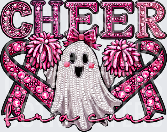 Cheer For A Cure Ghost Pink Ribbon Rhinestone (DTF)
