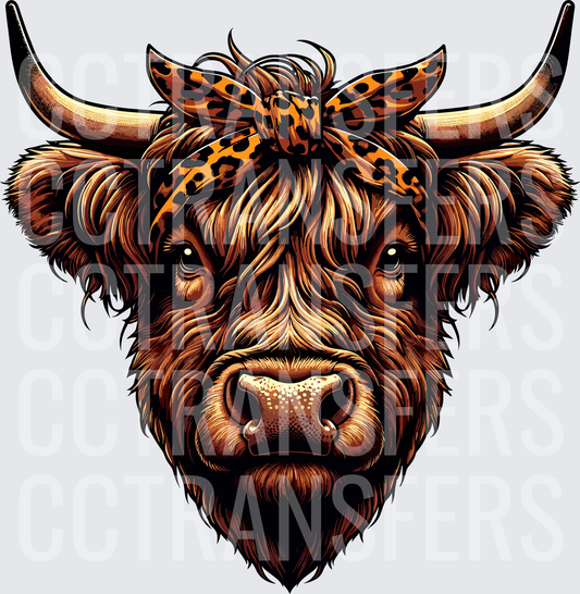 Shaggy Highland Cow with Leopard Print Bandana Bow (DTF)