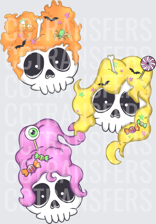Cute Halloween Skull Trio with Colorful Hair and Candy (DTF)