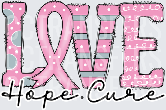 LOVE Hope Cure Pink Ribbon Awareness Patchwork Letters (DTF)