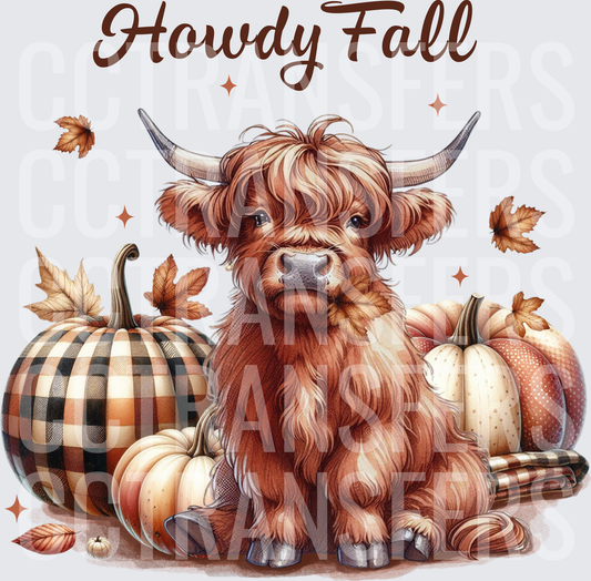 Howdy Fall Highland Cow Pumpkins Autumn Leaves (DTF)