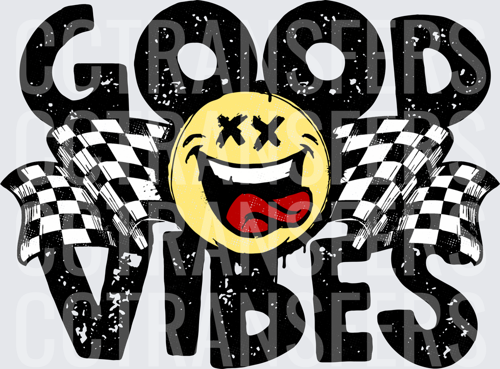 Good Vibes Crazy Smiley Face Checkered Racing Flags (DTF)