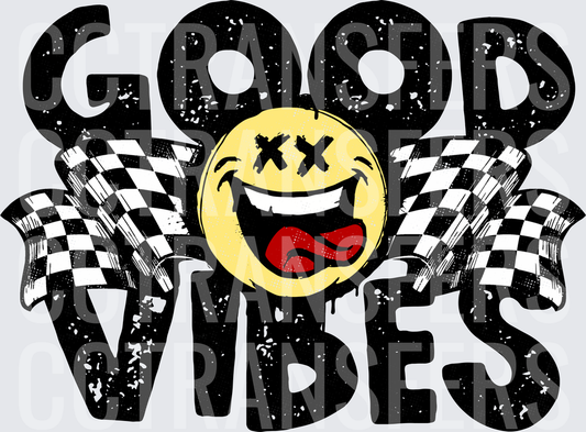 Good Vibes Crazy Smiley Face Checkered Racing Flags (DTF)