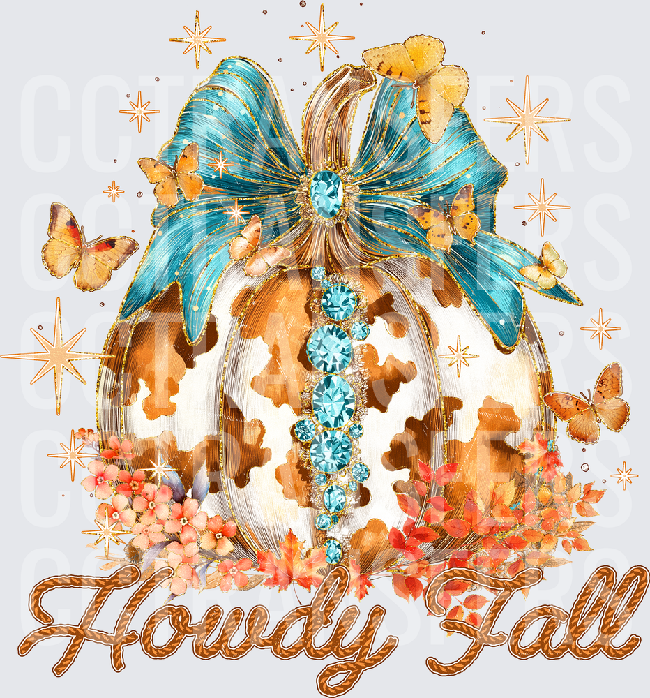 Howdy Fall Cowhide Pumpkin Teal Bow Jewels Butterflies (DTF)