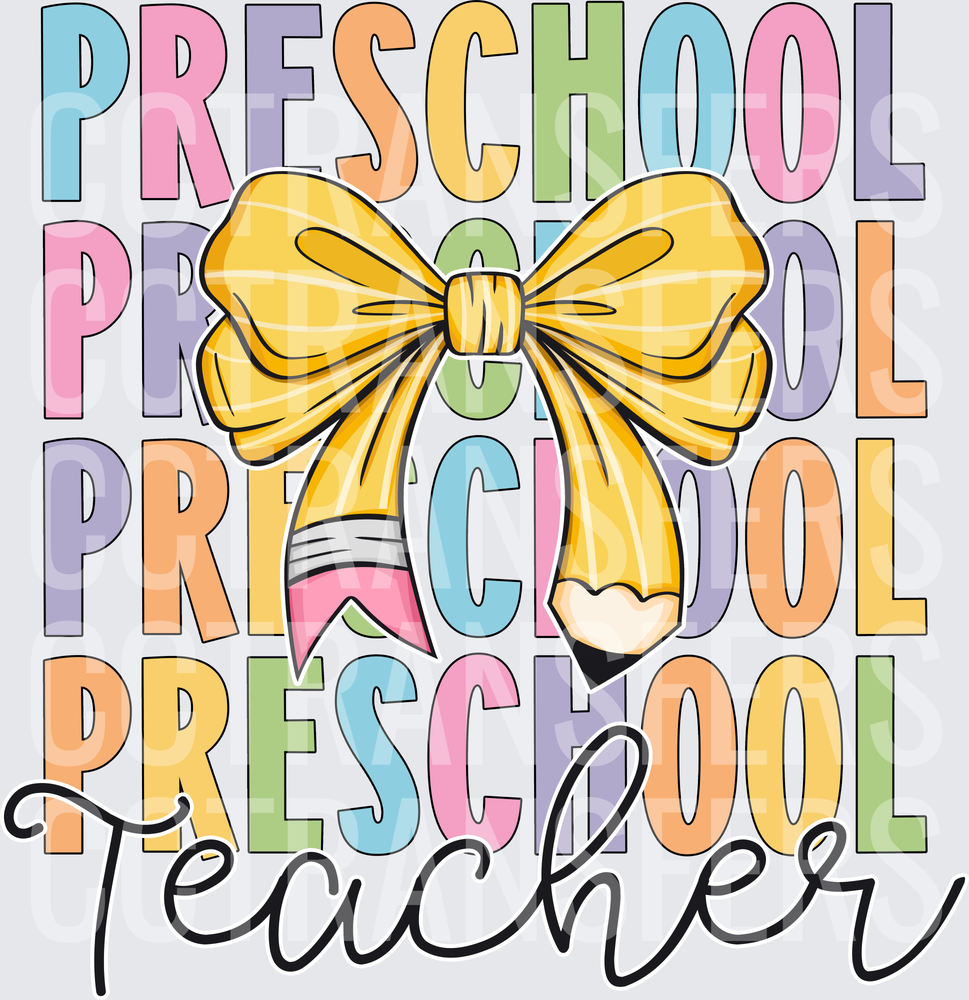 Preschool Teacher Stacked Pastel Text Pencil Bow (DTF)