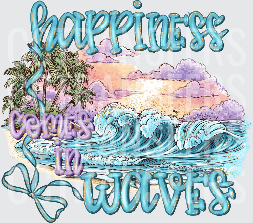 Happiness Comes In Waves Tropical Beach Scene (DTF)