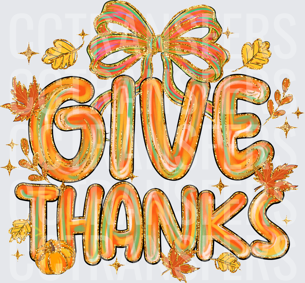 Give Thanks Glitter Bow Fall Leaves Pumpkin (DTF)