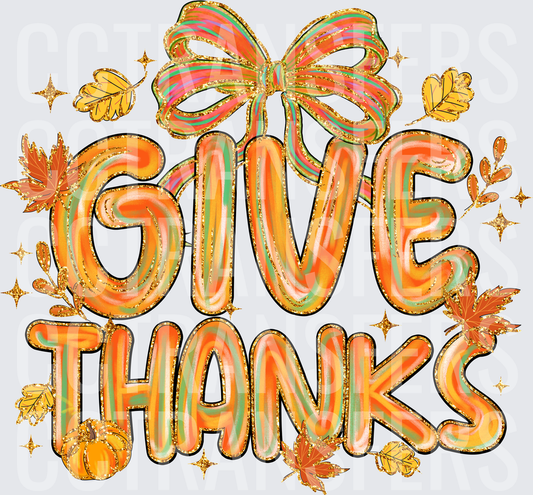 Give Thanks Glitter Bow Fall Leaves Pumpkin (DTF)