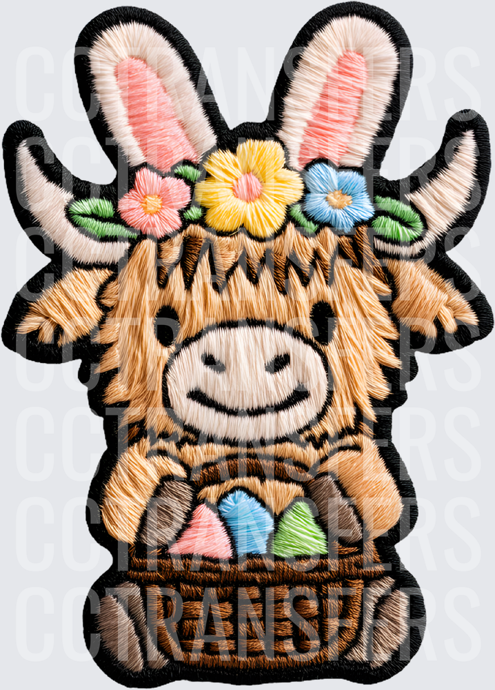 Embroidered Easter Highland Cow Bunny Ears Flower Basket (DTF)