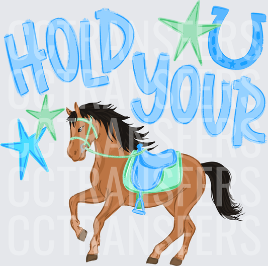 Hold Your Horses Blue Saddle Stars Horseshoe (DTF)