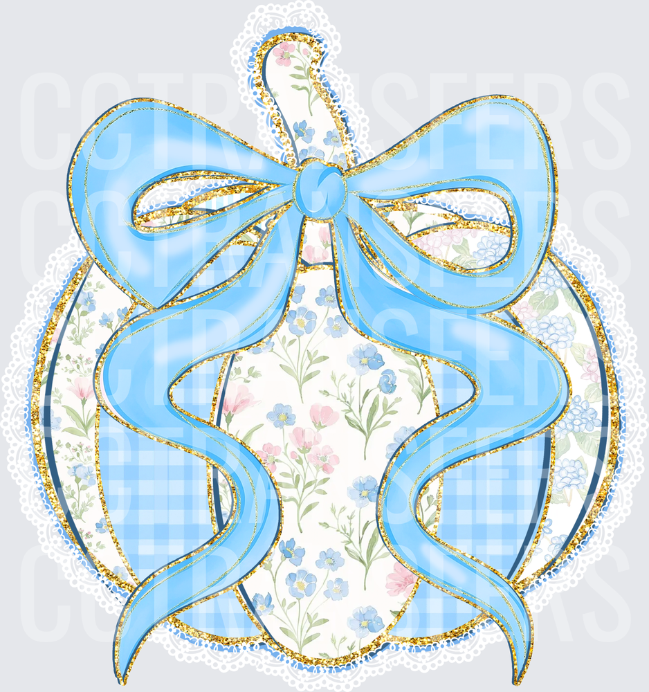 Blue Bow Floral Gingham Gold Glitter Round Ornament (DTF)