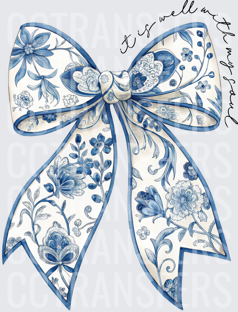 It Is Well With My Soul Blue Floral Toile Bow (DTF)