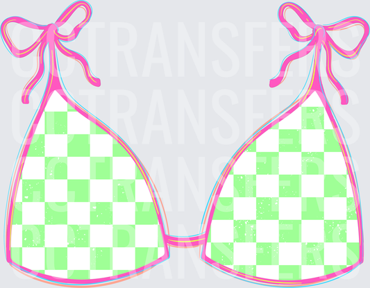 Green White Checkered Bikini Top Pink Bow Tie Strings (DTF)
