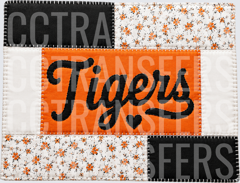 Orange Black Patchwork Quilt Tigers Script Heart (DTF)