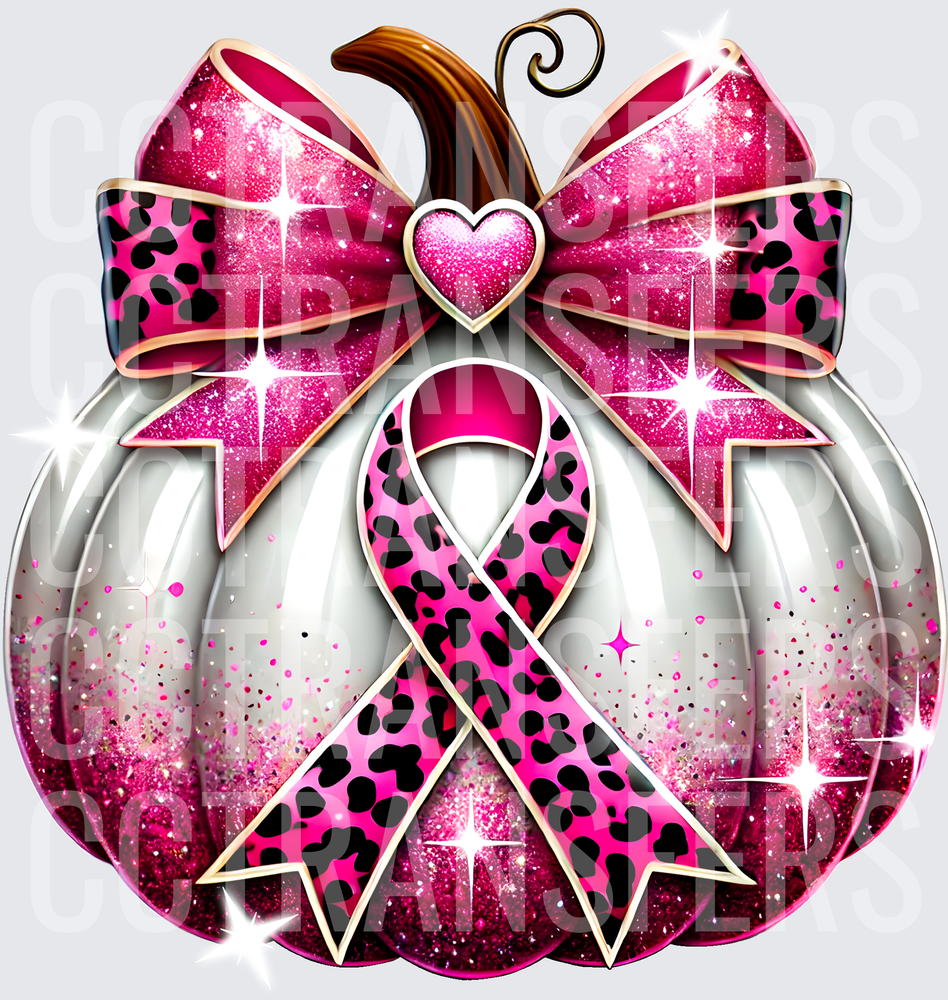 Glitter Pumpkin Pink Leopard Awareness Ribbon Bow Heart (DTF)