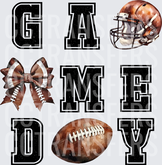Game Day Football Helmet Bow Varsity Letter Block Design (DTF)