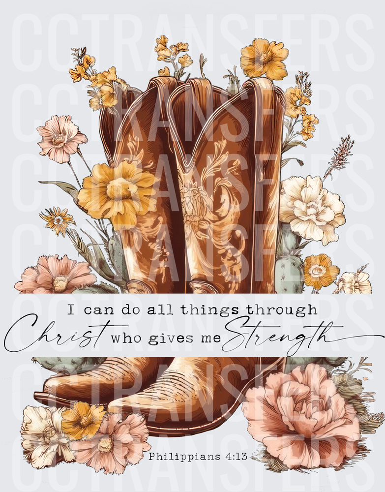 Floral Cowboy Boots I Can Do All Things Philippians 4:13 (DTF)