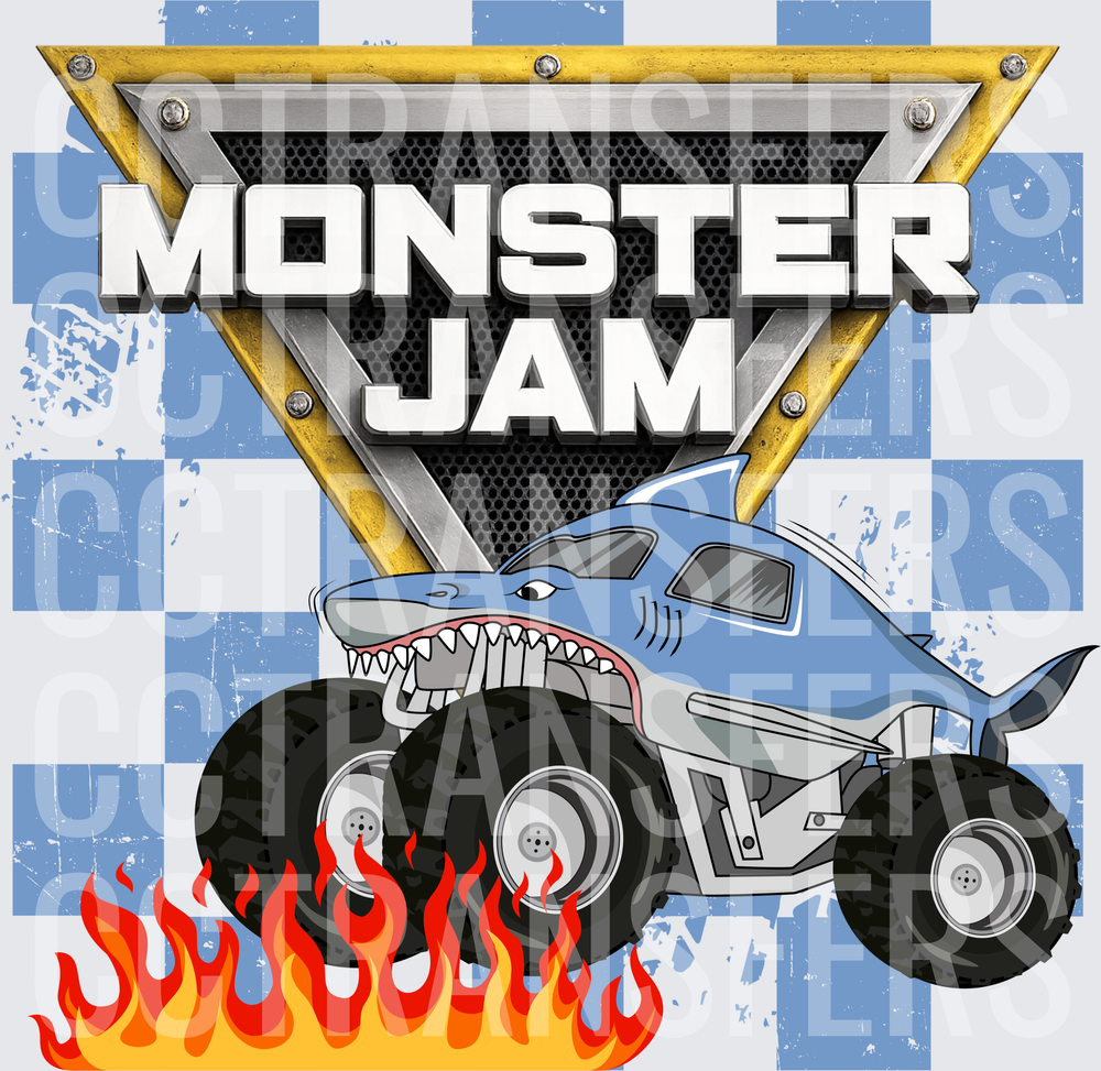 Monster Jam Shark Monster Truck Flames Checkered (DTF)