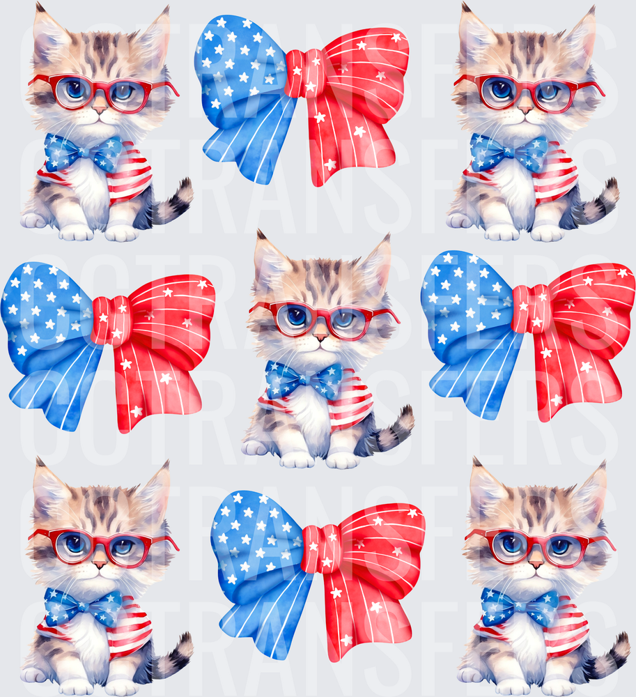 Patriotic Kittens Red Glasses Stars Stripes Bows (DTF)