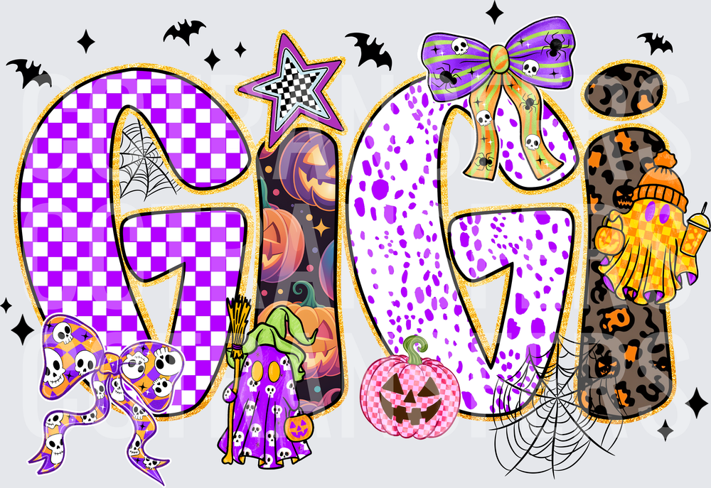 Gigi Halloween Pumpkins Bats Ghosts Checkered Bow (DTF)