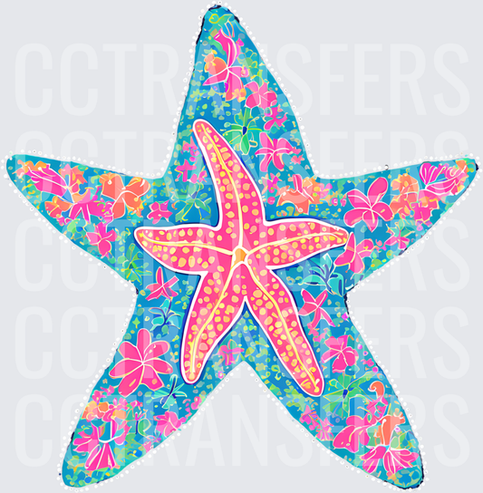 Tropical Floral Starfish on Blue Botanical Background (DTF)
