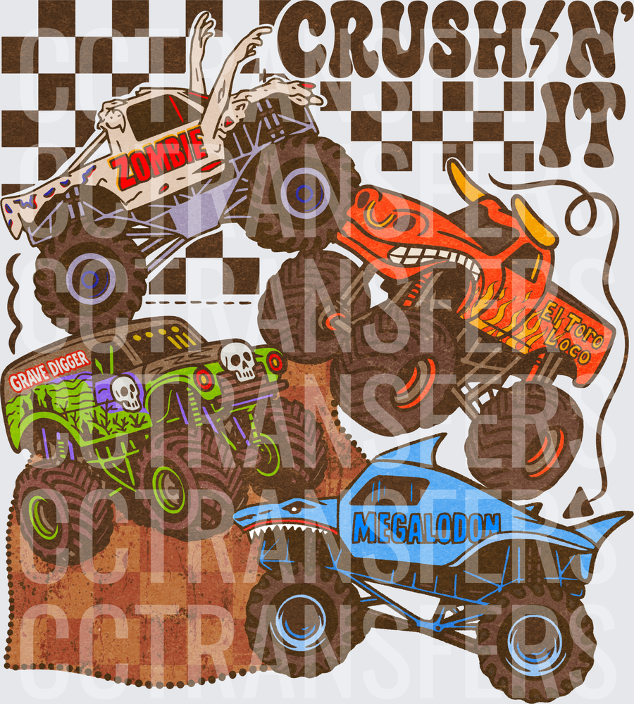 Crushin It Four Monster Trucks Zombie Grave Digger (DTF)