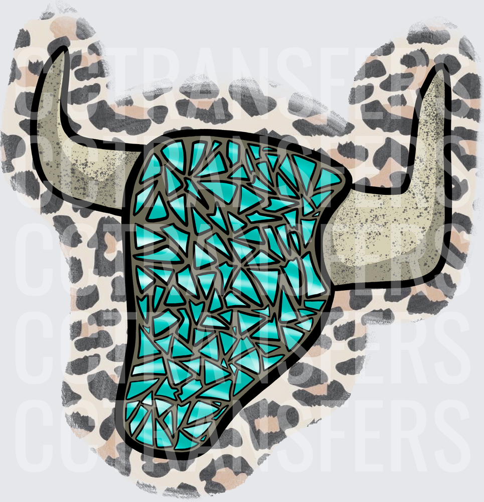 Turquoise Mosaic Longhorn Skull Leopard Print Background (DTF)