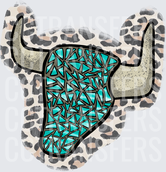 Turquoise Mosaic Longhorn Skull Leopard Print Background (DTF)