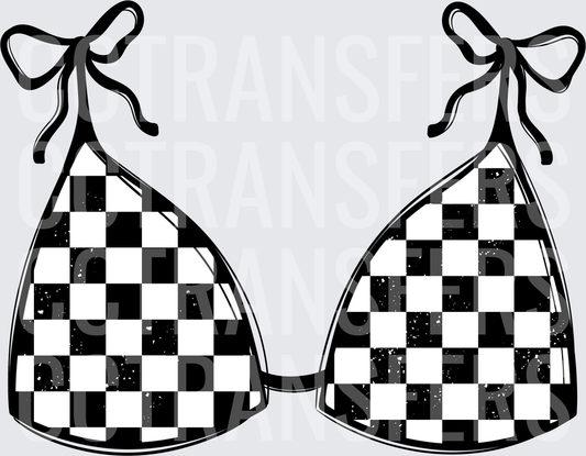 Black White Checkered Bikini Top with Bow Ties (DTF)