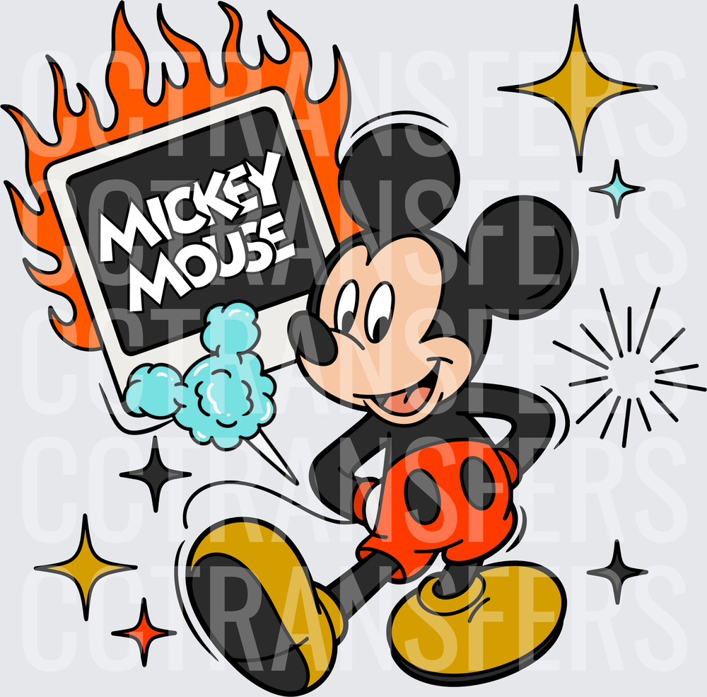 Cartoon Mouse Walking With Flaming Sign Sparkles (DTF)