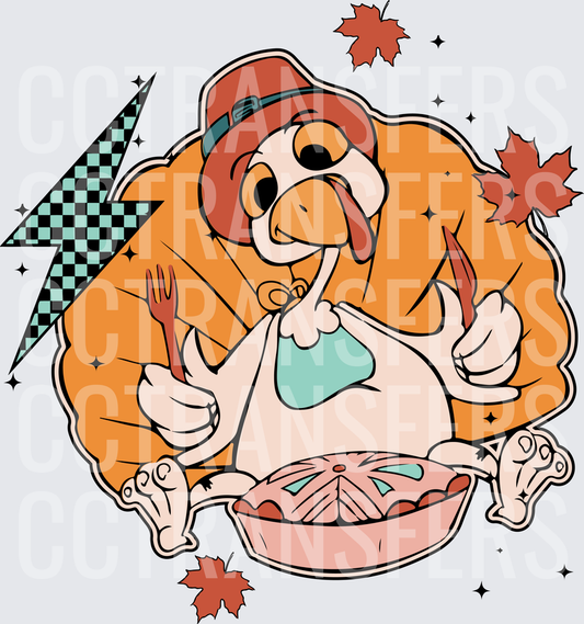 Cartoon Turkey Pilgrim Hat Holding Fork Pie Fall Leaves (DTF)