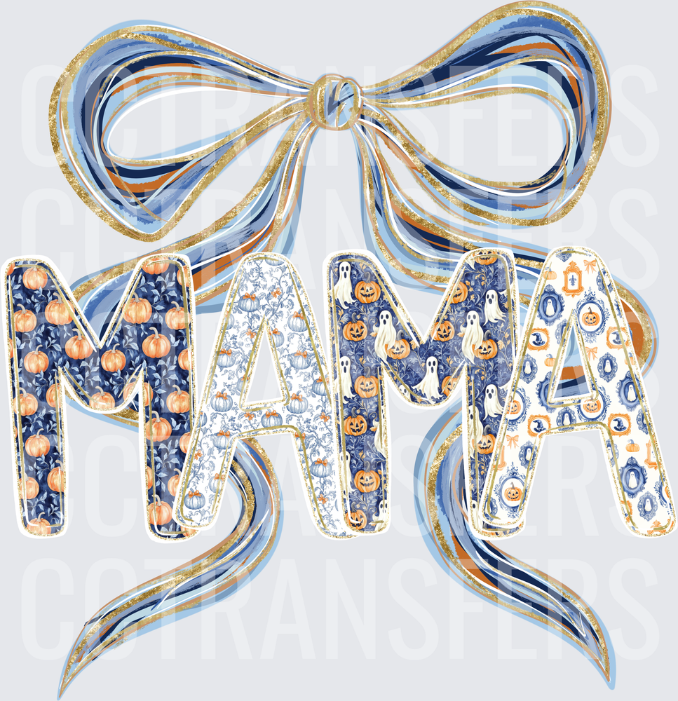 Mama Halloween Pumpkin Ghost Bow Blue Gold Glitter (DTF)
