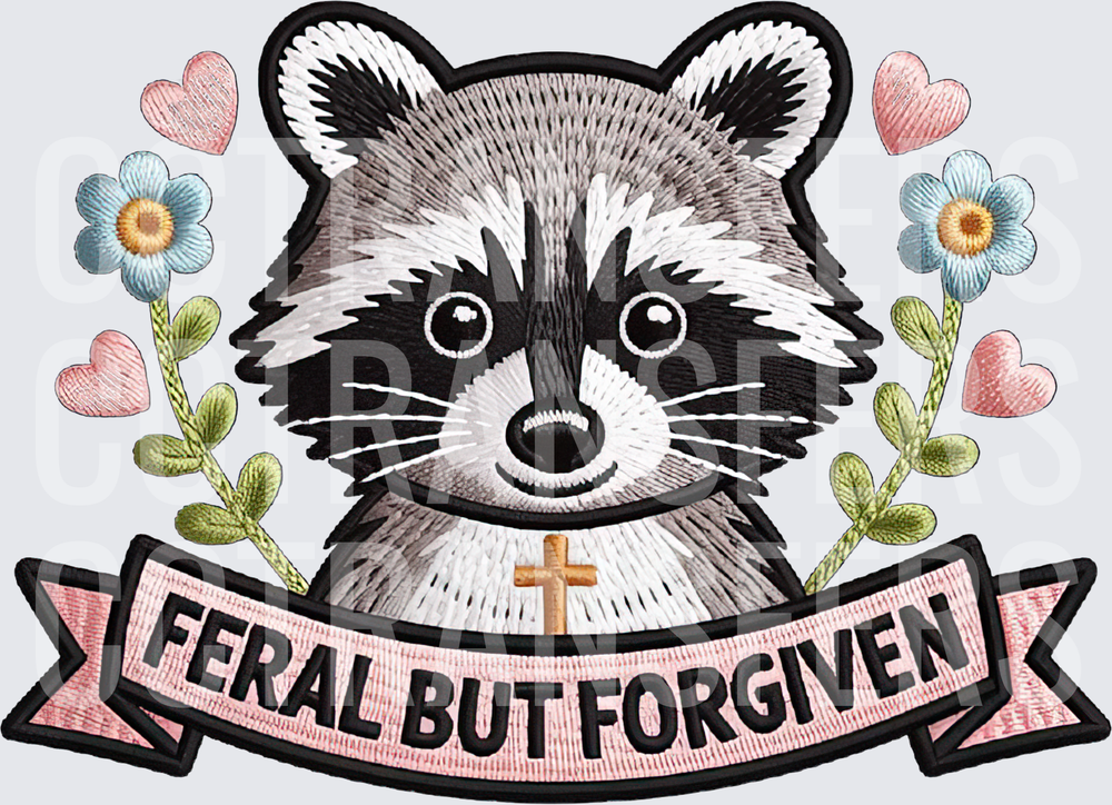 Feral But Forgiven Embroidery Style Raccoon with Cross (DTF)