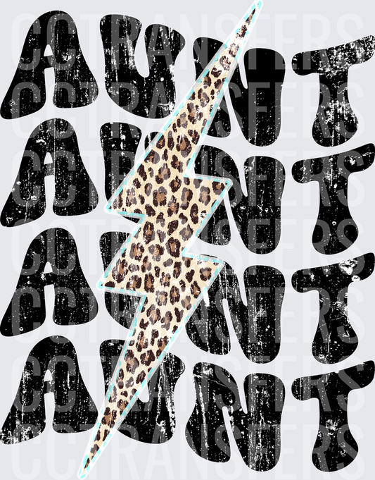 Aunt Repeat Stacked Distressed Leopard Lightning Bolt (DTF)