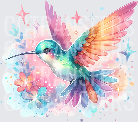 Pastel Watercolor Hummingbird with Sparkles and Flowers (DTF)